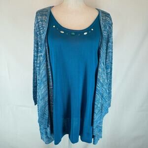 Sag Harbor Women's two piece beaded blue sweater attached Flowy 1X Extra Grande